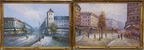Burnett pair of acrylic on canvas Parisian scenes, each signed lower left and 60 x 90cm, in gilt