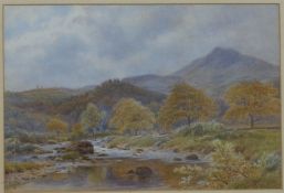 Harrison pair of Victorian watercolour landscapes, one a river with hills beyond, the other a man
