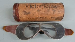 A pair of Victorian Doninelli of Nice goggles with light aluminium leather backed folding frames,