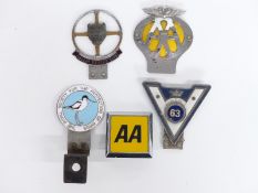 Five various car badges including RSPB, Jaguar Drivers' Club, AA etc