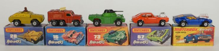 Five Matchbox Rola-Matics diecast model cars 10, 16, 28, 67 and 73, all in original boxes