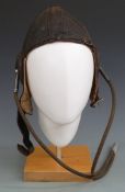 Royal Air Force 1930 private purchase brown leather, chamois lined flying helmet with earpieces to