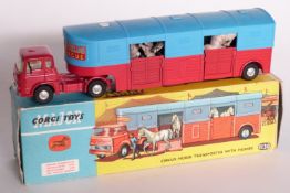 Corgi Major Toys Circus Horse Transporter With Horses with red body, red and blue trailer, lemon