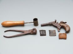 Percussion hammer action blank firing pistol together with a James Dixon & Sons shot/powder measure,