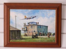 Joe Crowfoot oil on board 94th at Bury, USAAF bomber flying over airfield control tower, signed