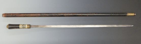 A 19thC Anglo-Indian bamboo sword stick with carved bone collar, brass lion pommel and a 61cm blade.