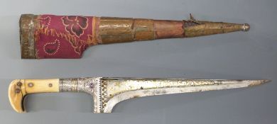 Late 19thC / early 20thC inlaid ivory handled North West frontier tribesman knife with 21cm blade,