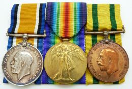 British Army WWI medals comprising War Medal Victory Medal and Territorial Force War Medal named
