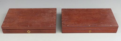 Two mahogany pistol or revolver boxes each with brass escutcheons and keys, 33 x 17.5 x 5.5cm and 32
