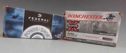 Thirty-three .243 rifle cartridges, in Winchester Super X and Federal boxes. PLEASE NOTE THAT A