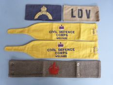 WWII five cloth armbands to include LDV, Civil Defence Corps etc