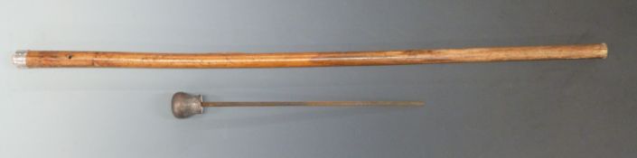 A wooden shafted dagger/ swordstick with 30cm blade and hallmarked silver collar.