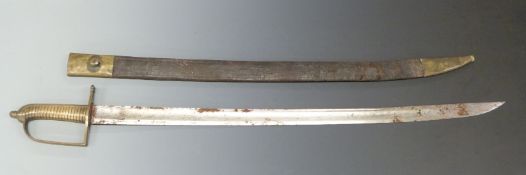 An 18thC war trophy: French Naval short sword with curved single edged blade and brass stirrup hilt,