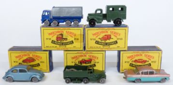 Five Matchbox Moko Lesney 1-75 series diecast model vehicles comprising 10, 22, 25, 49 and 89, all