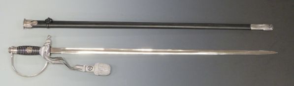 Replica German Sword bearing SS marks in scabbard with shagreen and wire grip, blade length  75cm