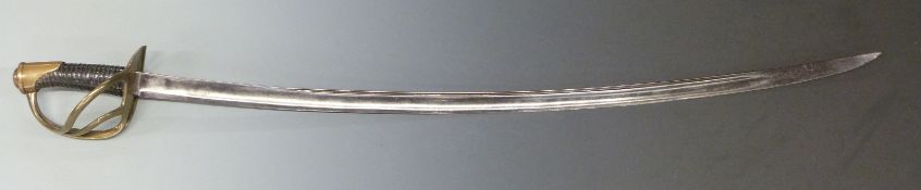 French light cavalry sword with impressed 1875 and 481 to brass guard, blade length 90cm.