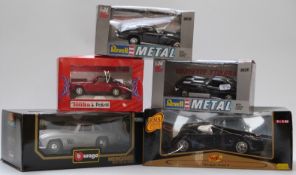 Five diecast model vehicles Maisto 1:18 scale Morgan Aero 8 and Mercedes Benz 30 SL (1954), Tonka