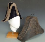 Bicorn velvet covered hat with silver tape edging and metal hat box