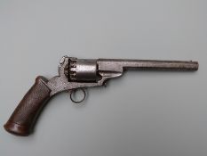 Belgian 54 bore six-shot percussion revolver with ring trigger, engraved frame and butt cap,