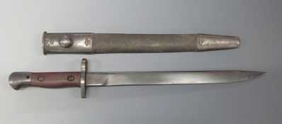 Bayonet with unfullered 30cm blade stamped J U 7 43 MkII, in scabbard stamped HAK1942