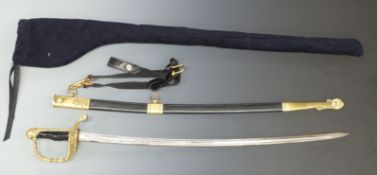 French brass hilted naval officer's sword, the hilt with pierced fouled anchor and fish