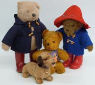 Four vintage teddy bears comprising two Paddington Bears and a Chiltern washable soft toy bear