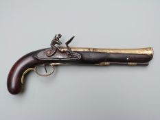 Brass barrelled flintlock hammer action blunderbuss pistol with engraved lock signed Manton, brass