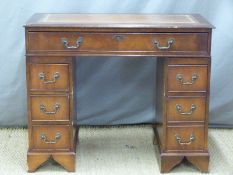 Small leather inset twin pedestal mahogany desk. W91 x D46 x H75cm