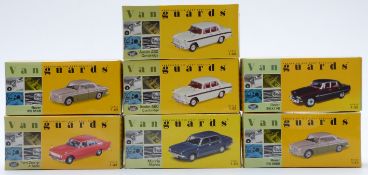 Seven Vanguards 1:43 scale diecast model cars some limited edition, all in original boxes.