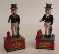 Two novelty cast metal mechanical Uncle Sam money boxes
