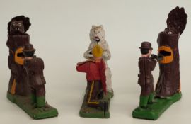 Three novelty cast metal mechanical money boxes two with a man shooting a bear in a tree and one