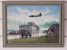 Joe Crowfoot oil on board 95th bomber group at Horham, bomber flying over airfield control tower,