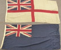 Two vintage panel stitched ensign flags, one blue the other white, both marked J.Rands and Jeckle