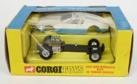 Corgi Toys diecast model Ghia 5000 Mangusta With De Tomaso Chasis with two-tone white and blue