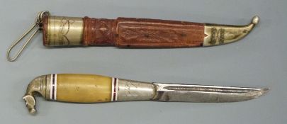 Finnish pukko hunting / fishing knife with horse head handle, fullered 7cm blade and leather sheath