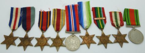 WWII British medals comprising seven Stars 1939/45, France & Germany, Burma, Atlantic, Pacific