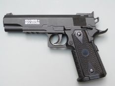 Swiss Arms P1911 Match .177 air pistol, serial number E03130762175, new with original box lid and