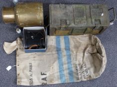 WWII era kit bag marked RAF 22933926 A C Maule, binoculars, churn and ammunition box