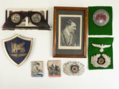 WWII Nazi Germany Third Reich framed photograph of Adolf Hitler, viewer, cap badges etc
