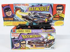 Corgi Toys diecast model Batmobile 1st type with no tow hook, black body, figures, bat logo hubs and