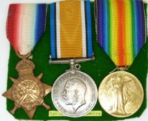 British Army WWI medals comprising the 1914 'Mons Star', War Medal and Victory Medal, named to