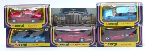 Five Corgi Toys diecast model cars Rolls-Royce Corniche 279, Jaguar XJ12C 286, Jaguar XJS 319 x2 and