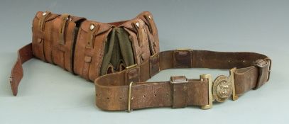 WWI five pouch Mauser bandolier together with a leather belt and brass buckle
