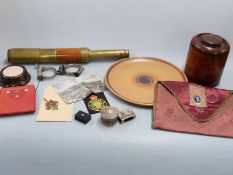 Brass and oak three draw telescope by Cohen, Liverpool, Aero Art biscuit barrel made from a