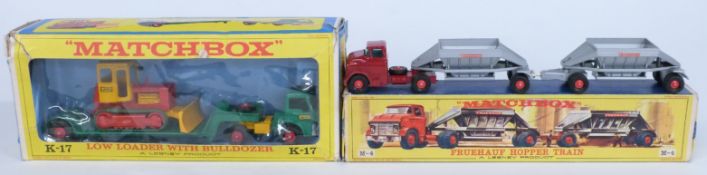 Two Matchbox diecast model vehicles King Size K-17 Low Loader With Bulldozer and Major Pack M-4