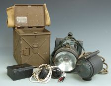 British Army daylight signalling lamp in metal case with a MkII spare parts tin and contents,