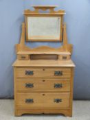 Art Nouveau satin walnut dressing chest with three graduated drawers and swing mirror. W93 x D55