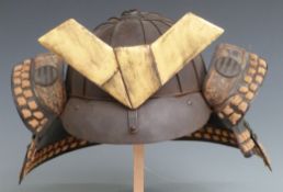 Japanese Edo period Samurai warrior's iron Kabuto or helmet with three black lacquered Shikoro or