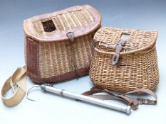 Two Hardy wicker fishing creels and a Hardy salmon gaff, the largest W42 x D23 x H28cm