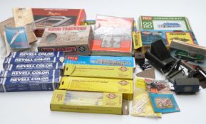 Collection of 00 gauge model railway accessories including Ratio GWR signals, goods wagon etc